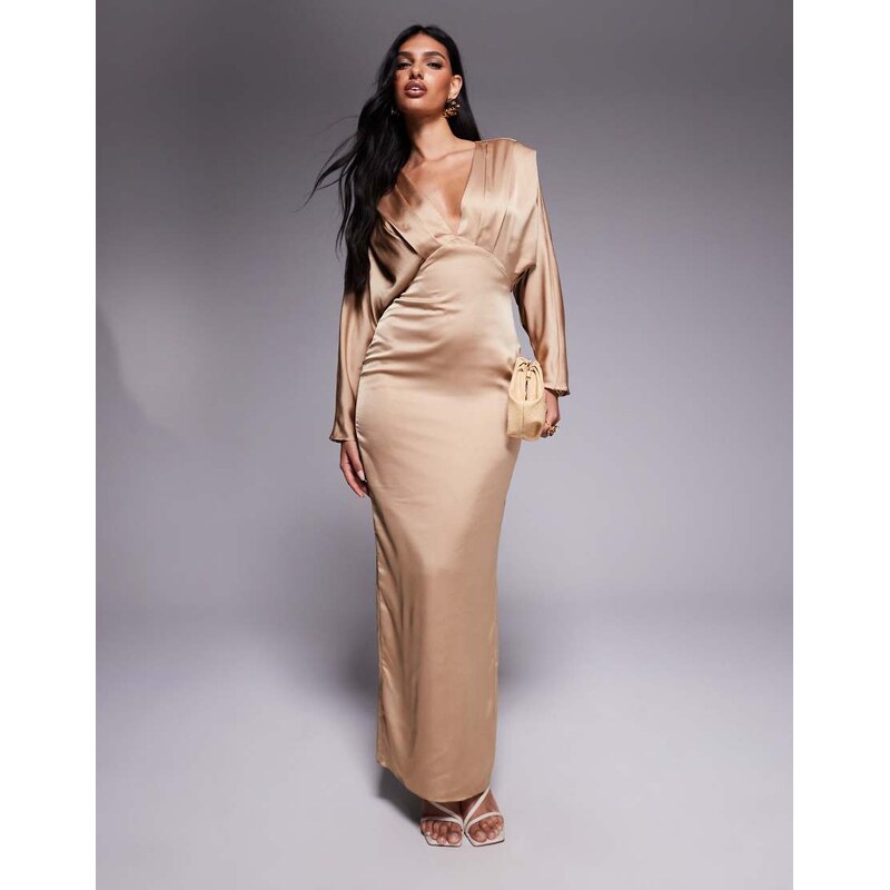 TFNC satin kimono sleeve maxi dress in mocha-Brown