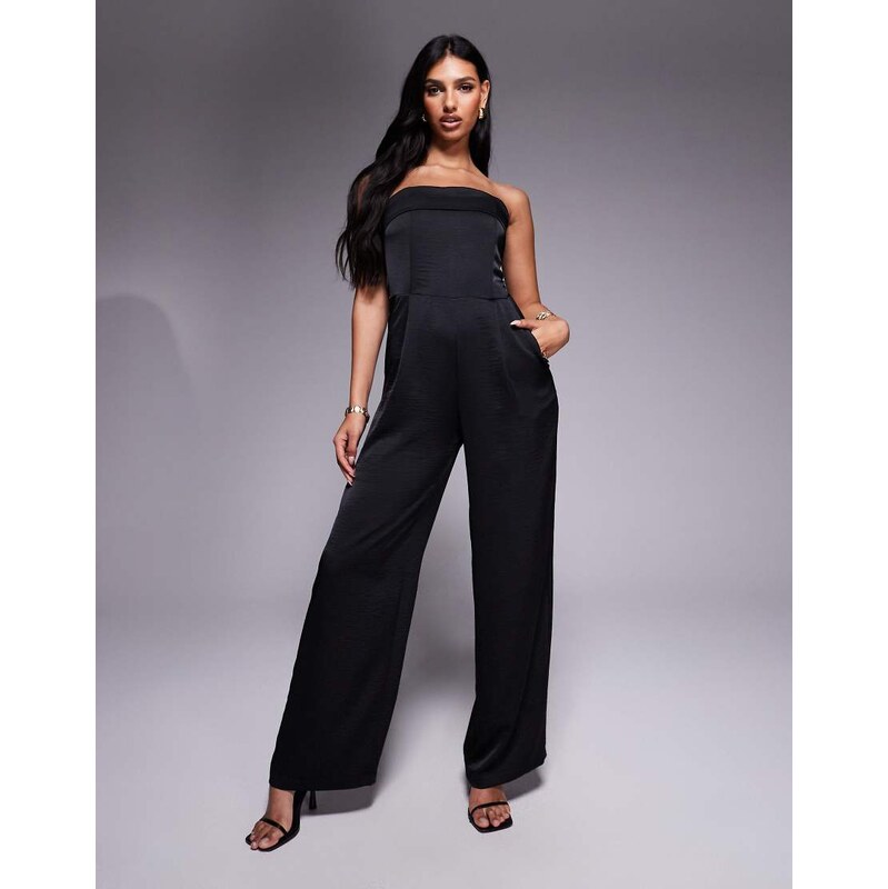 TFNC satin bandeau wide leg jumpsuit in black