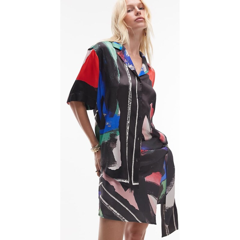 TOPSHOP satin oversized resort shirt in tile scarf print-Multi 106400643