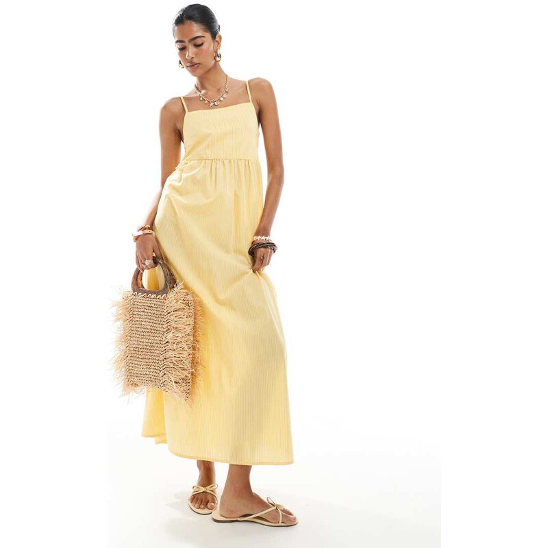 Pieces cami midi dress in pale yellow stripe 112696081