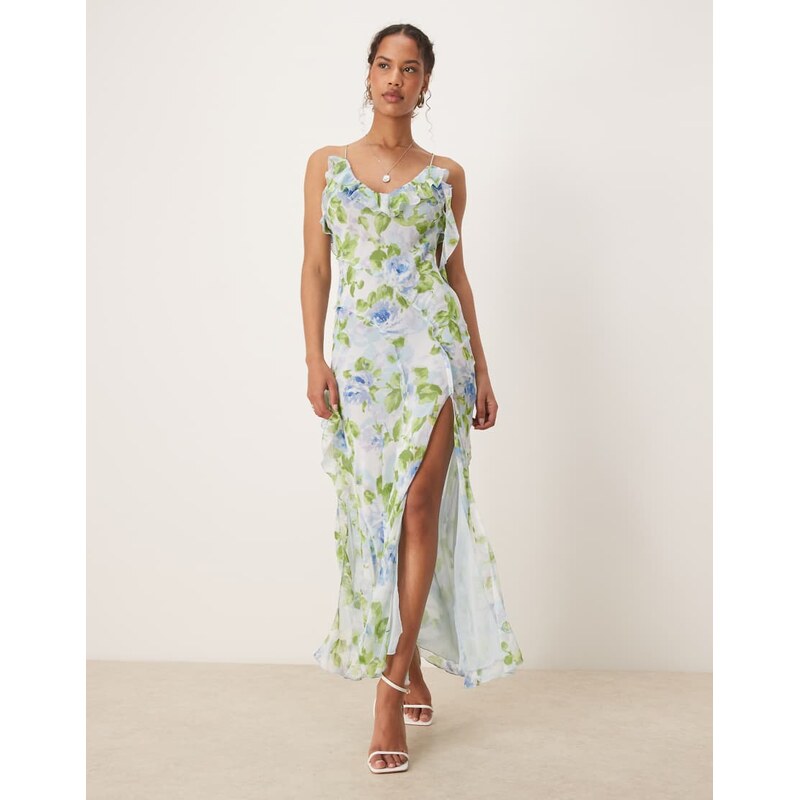 Mango v-neck ruffle botanical printed dress with side split in