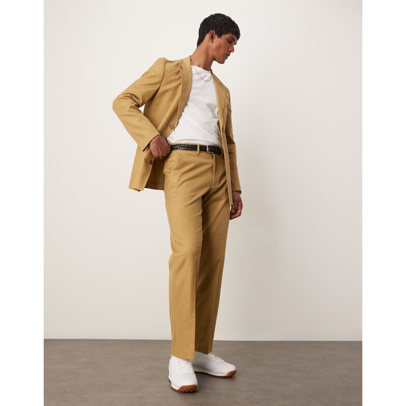 ASOS DESIGN cotton linen blend straight leg suit trousers in camel twill-Neutral