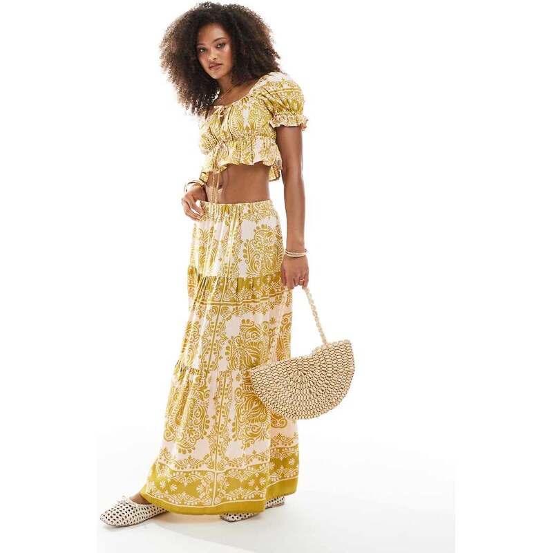 Wednesdays Girl printed tiered maxi skirt co-ord in pink and green 106758986