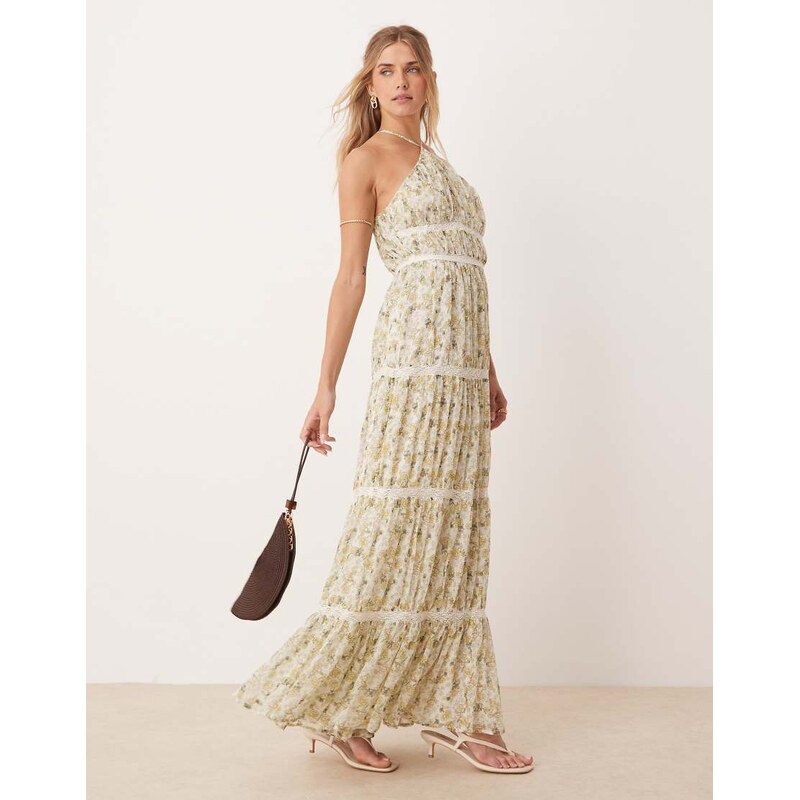 ASOS DESIGN halter maxi dress with embroidery trim in ditsy