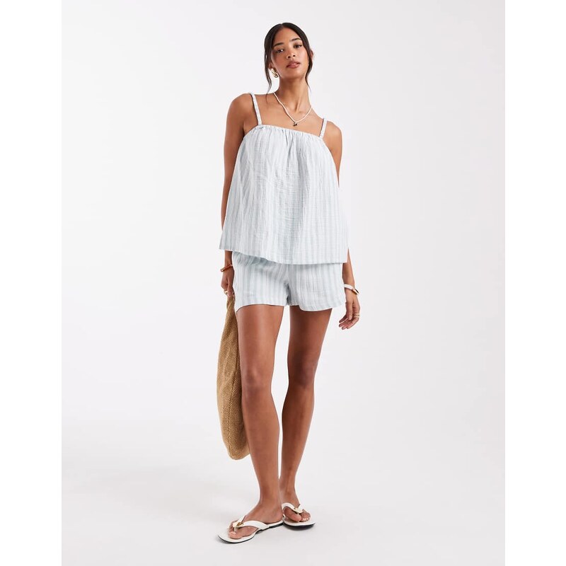 Vero Moda mix and match cotton shorts co-ord in green stripe