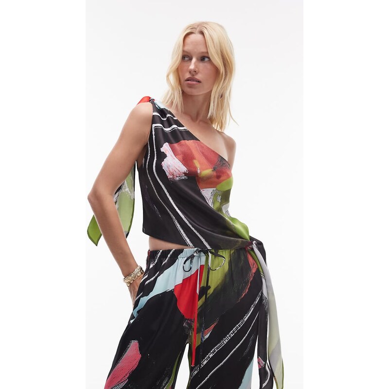 Topshop satin tie side one shoulder top in scarf print-Multi 106410228
