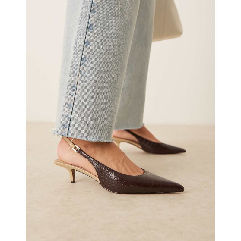 ASOS DESIGN Sunday slingback kitten heel in brown croc 113260882
