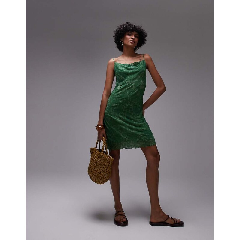Topshop crinkle shell print mini dress in green