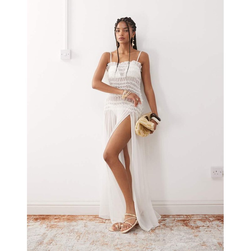 Miss Selfridge beach sheer shirred maxi dress in cream-White 106534487