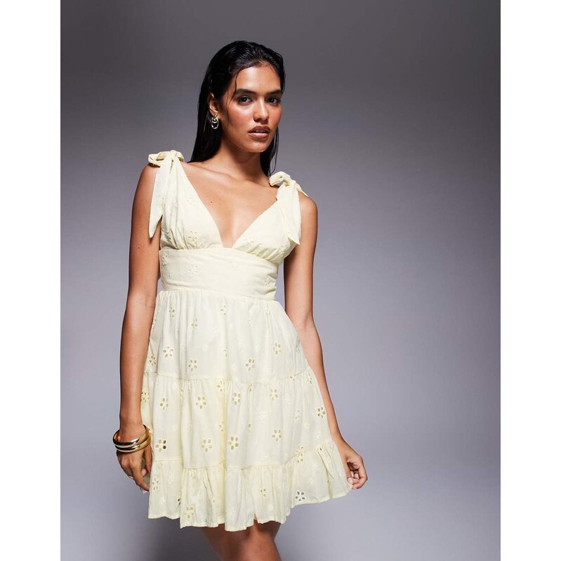 Princess Polly broderie tie shoulder plunge tiered mini dress in
