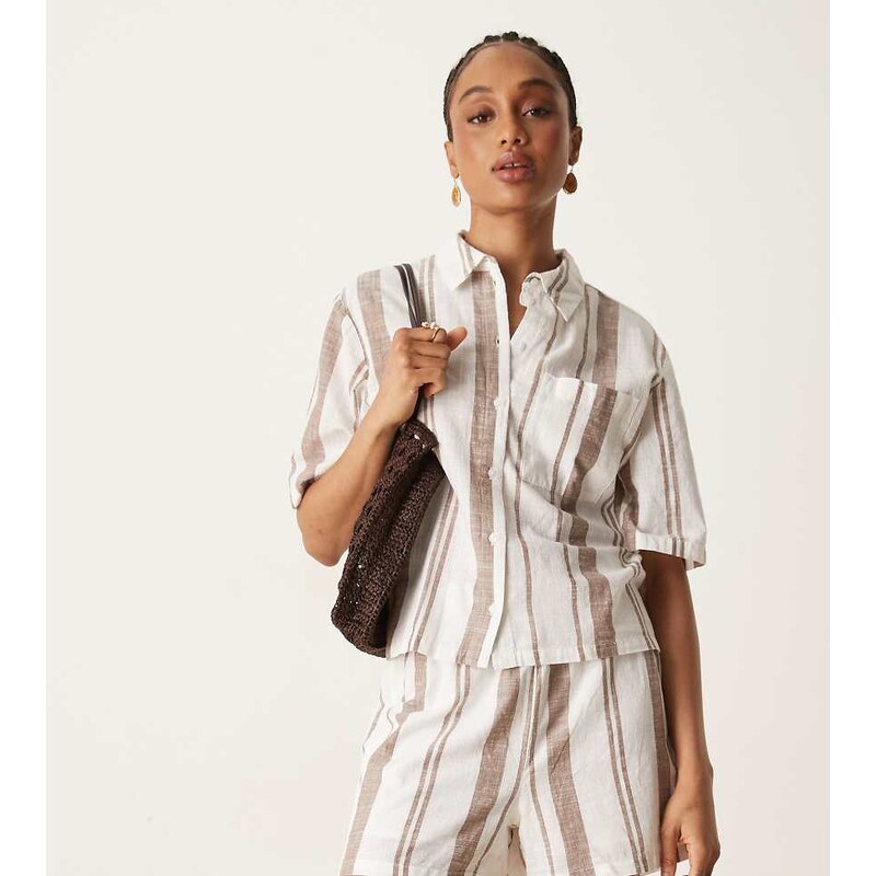 JDY Tall boxy shirt co-ord in beige stripes-Neutral 106428399