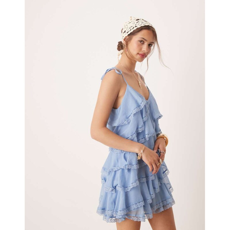 Miss Selfridge tiered chiffon mini dress with lace detail in