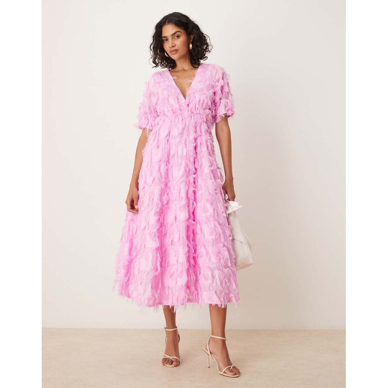 YAS textured v neck midi dress in pastel lavendar-Pink 106428436