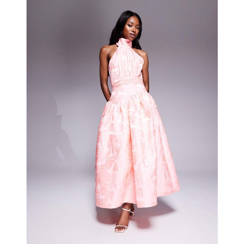 ASOS LUXE jacquard maxi dress with bow in bright pink floral 106428438