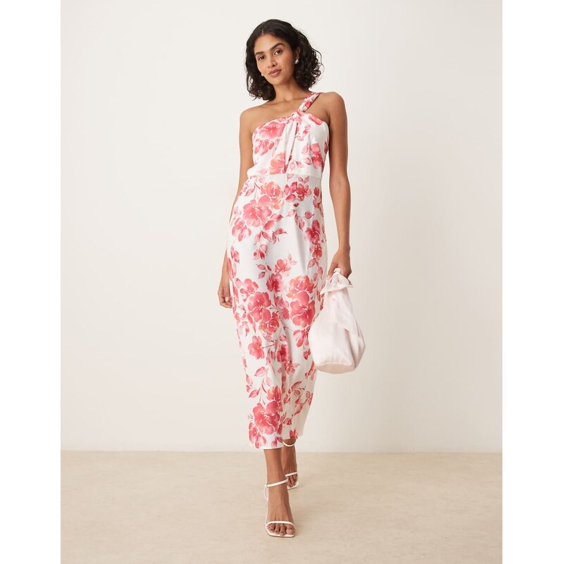 YAS one shoulder red floral satin maxi dress in white