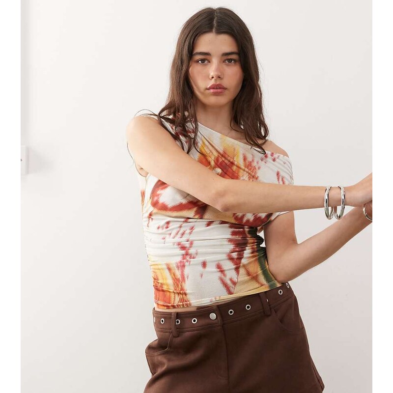 COLLUSION off shoulder slinky blurred orange orchid top-Multi