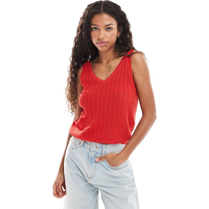 Vero Moda pointelle knitted vest with scallop edge in fiery red 113380240