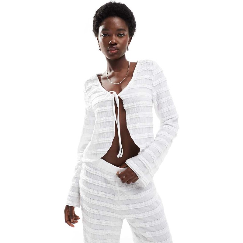 Pieces textured tie front long sleeve top co-ord in white 106428490