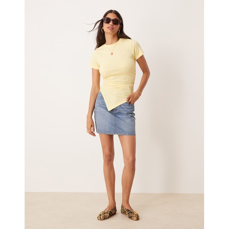 ASOS DESIGN ruched side asymmetric t-shirt in buttermilk-Yellow