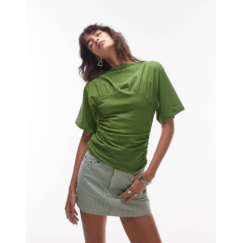 Topshop ruched detail short sleeve top in green 106428502