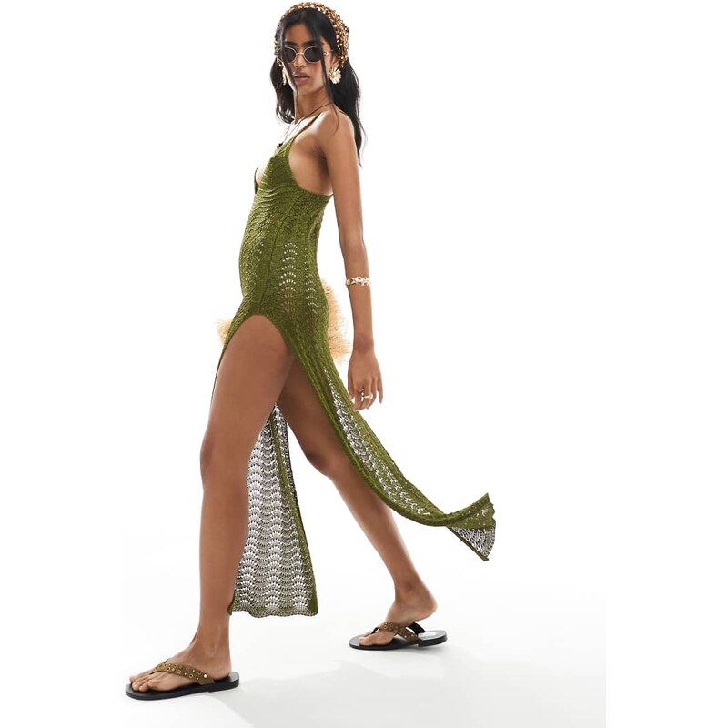 Miss Selfridge deep v neck knitted crochet maxi dress in dark olive 106428518