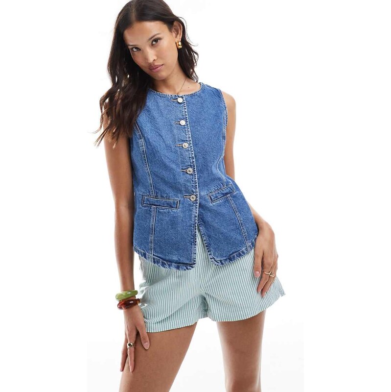 ONLY high neck denim waistcoat in blue 106428520