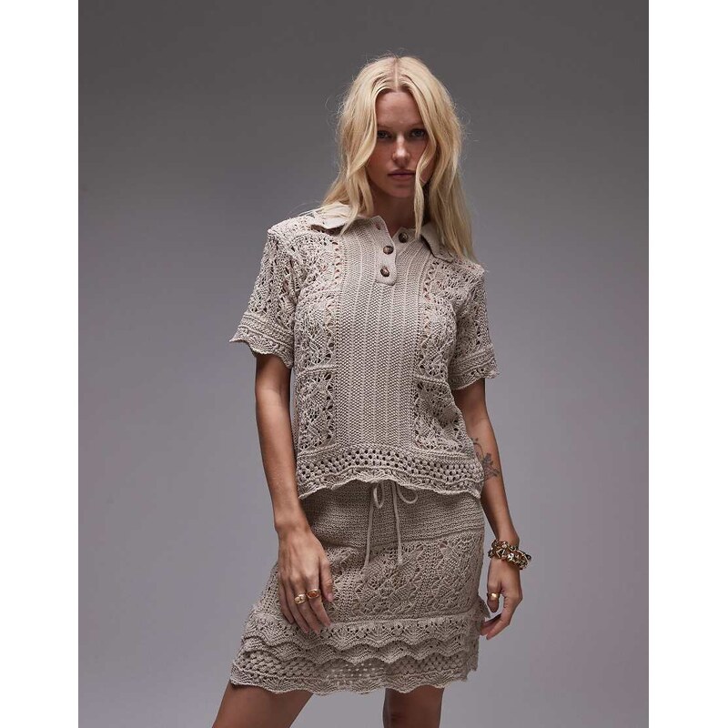 Topshop knitted pointelle stitch polo top in cream-White 106428540