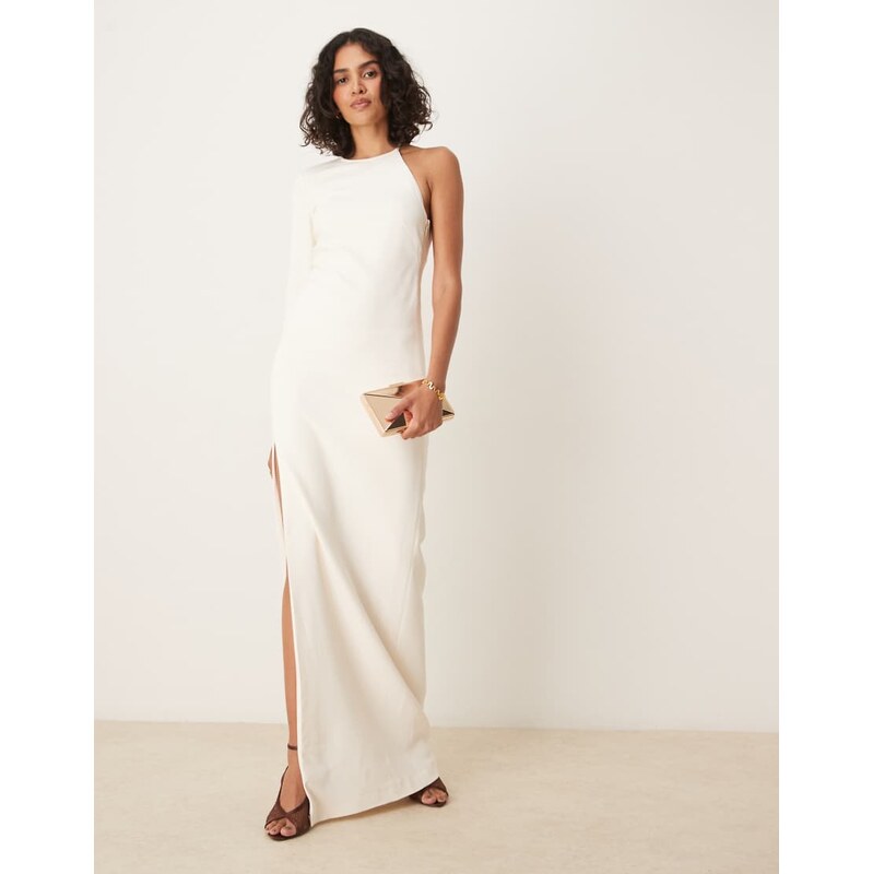Mango premium one shoulder side split maxi dress in white 106428562