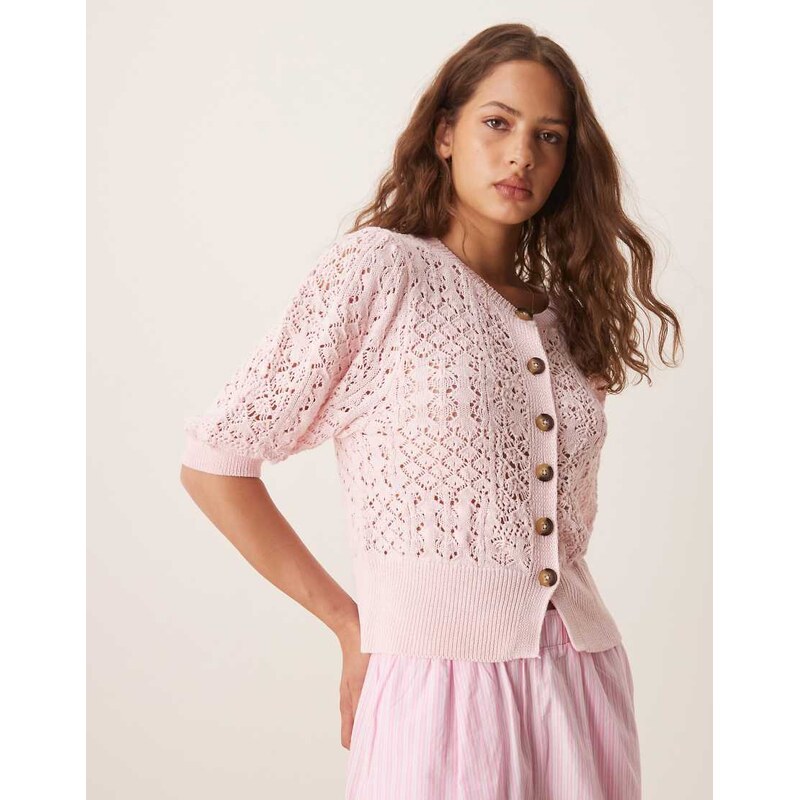 ASOS DESIGN puff sleeve cardigan in pointelle stitch in pink 106428564