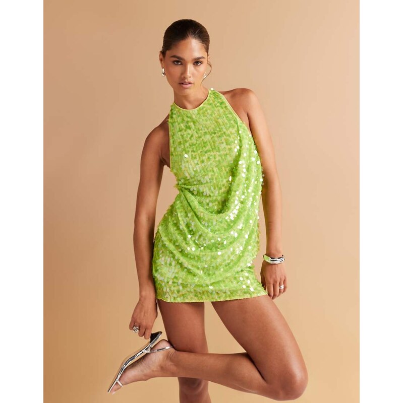 ASOS DESIGN embellished sequin draped front mini dress with high