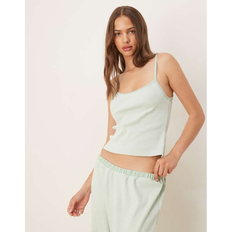 ASOS DESIGN Mix & Match Frill pyjama cami in sage green stripe 106437147