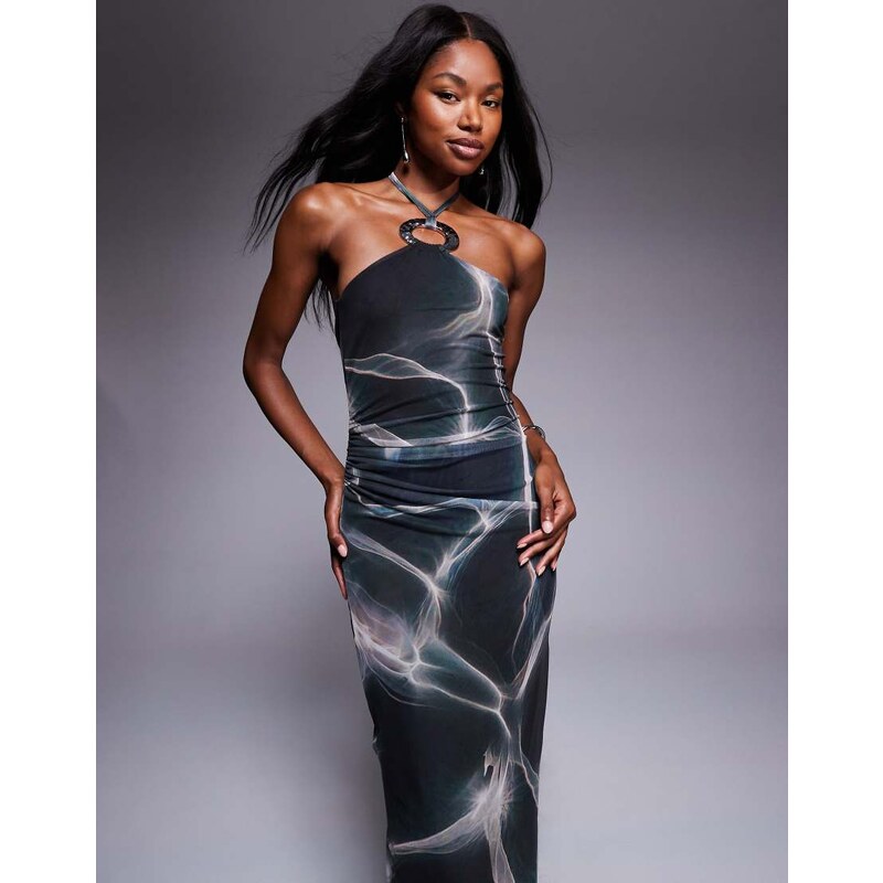 ASOS DESIGN mesh halter midi dress with silver hardware in dark