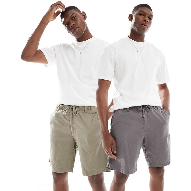 Jack & Jones 2 pack linen blend shorts in khaki and grey-Green