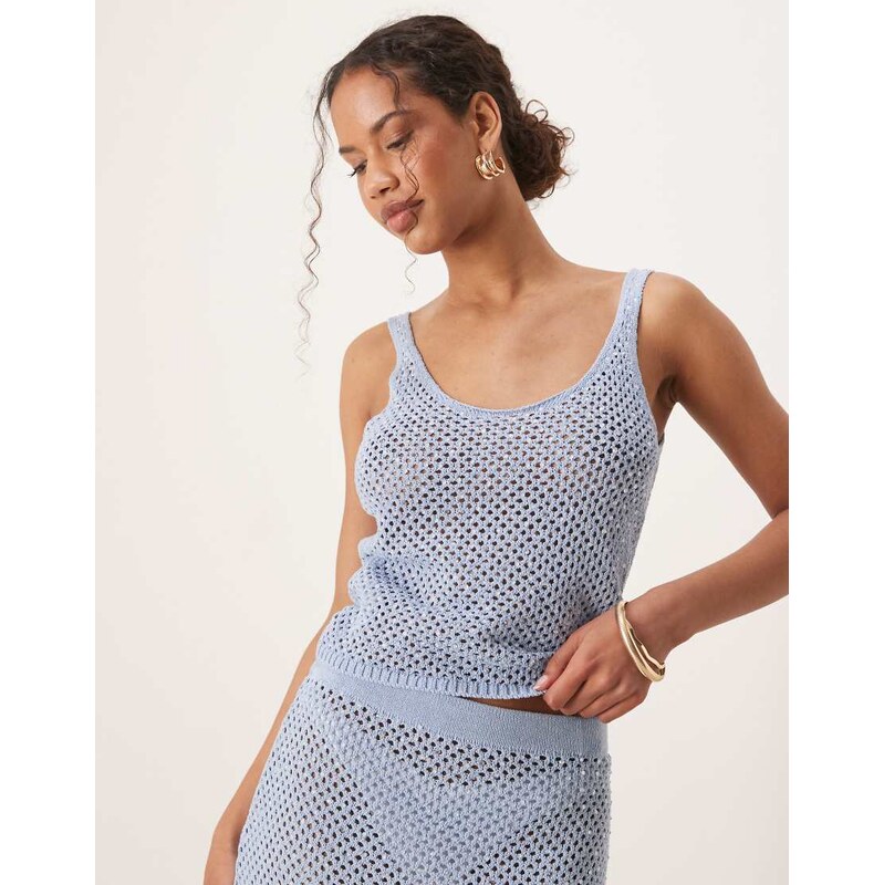 Mango crochet scoop neck embelished vest co-ord in sky blue 106431408
