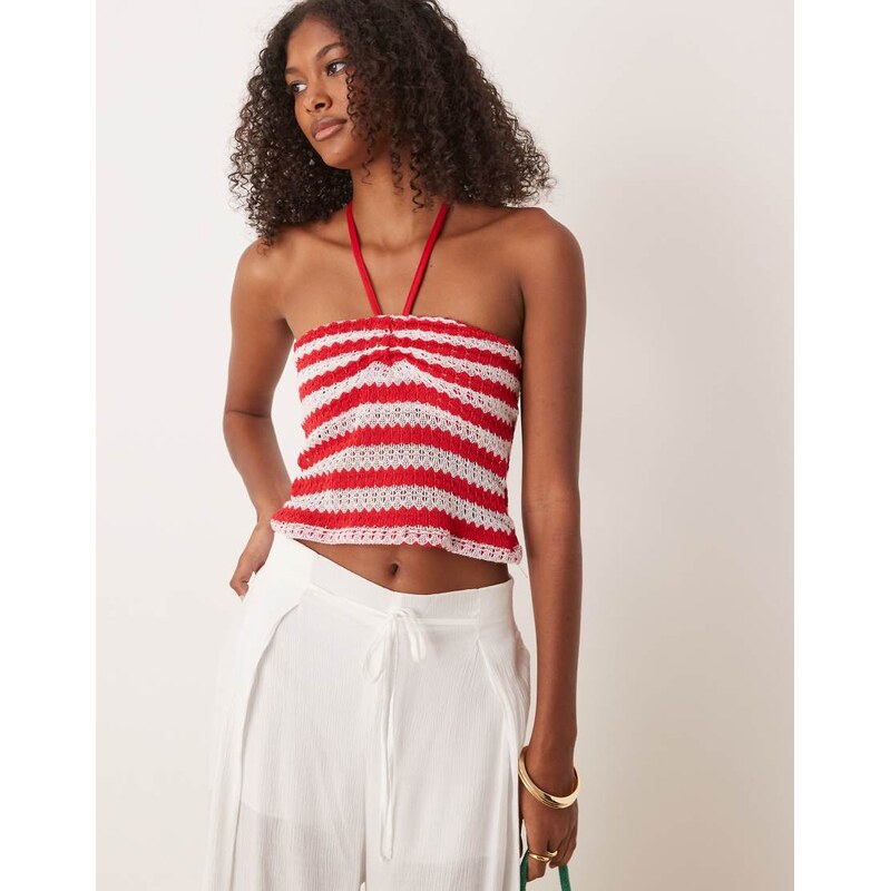 ASOS DESIGN knit halter neck top in red and white stripe-Multi