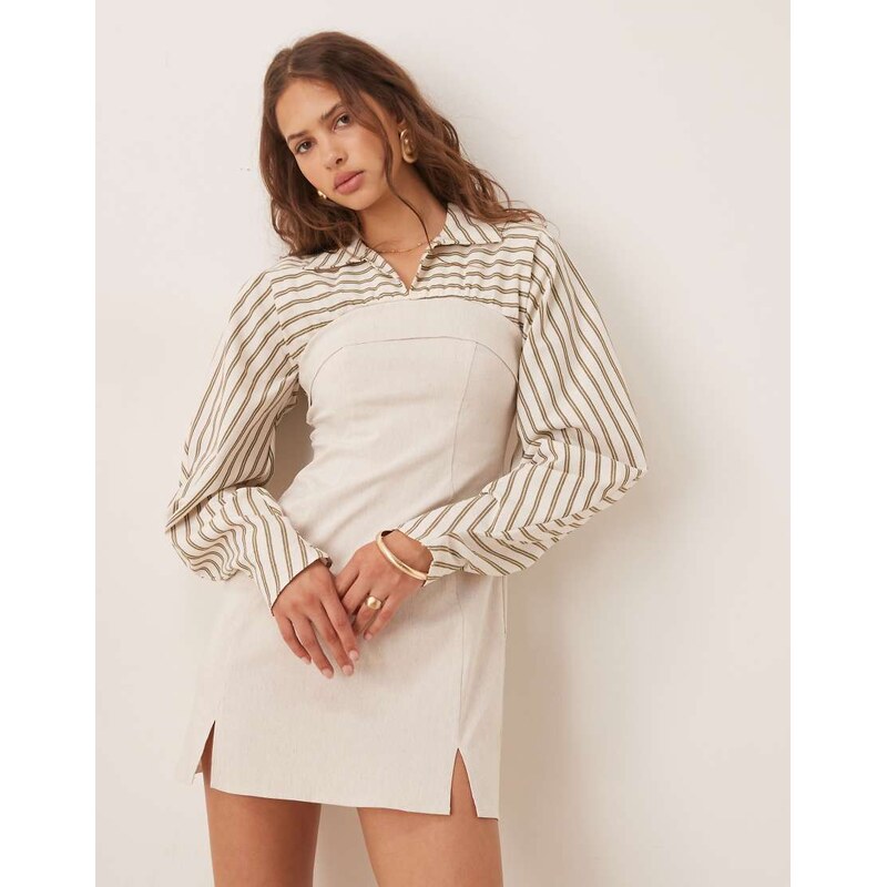 ASOS DESIGN 2 in 1 linen bengaline and stripe shirt mini dress in 106547753