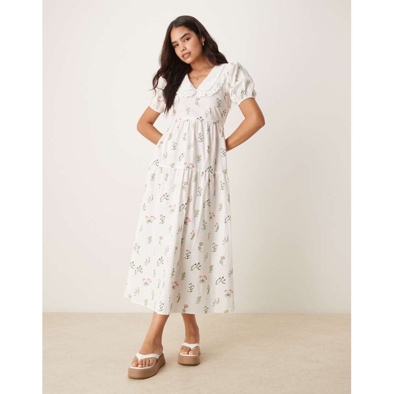 Neon Rose collared prairie midi dress in white