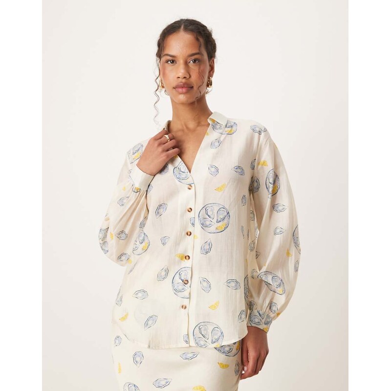 Never Fully Dressed relaxed shirt co-ord in oyster lemon print