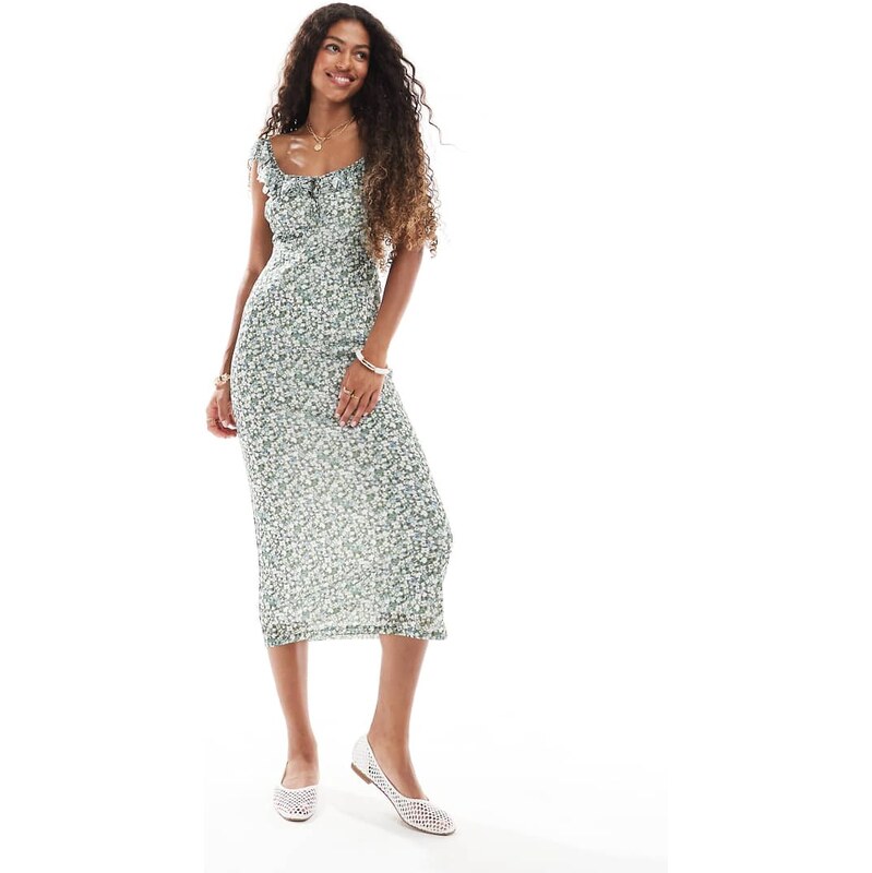 New Look ditsy frill sleeve mesh midi dress in green