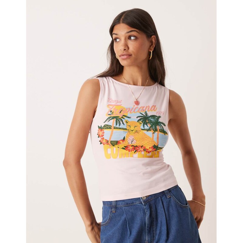ASOS DESIGN boat neck vest with hotfix postcard graphic in pink 106437225