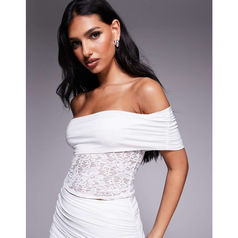 Missyempire double sculpted slinky deep bardot lace top co-ord in 106437233