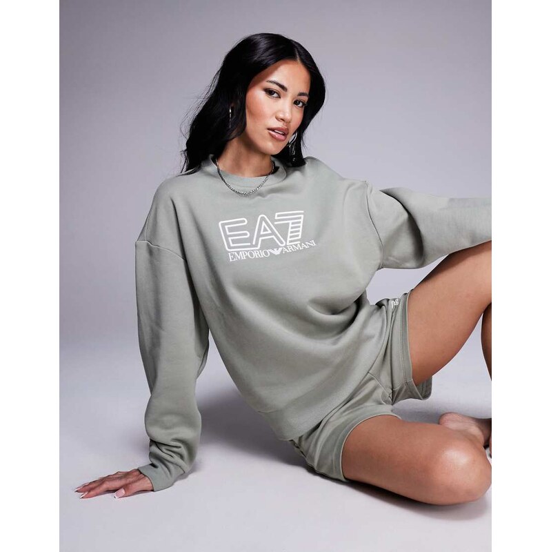 Armani EA7 logo sweater co-ord in cream-White