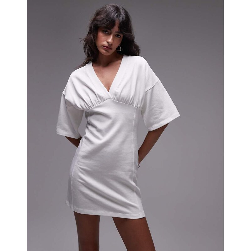 Topshop v-neck short sleeve structured mini dress in ivory-White