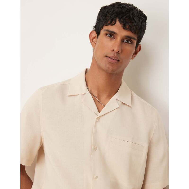 ASOS DESIGN boxy linen look regular fit shirt in stone-Neutral