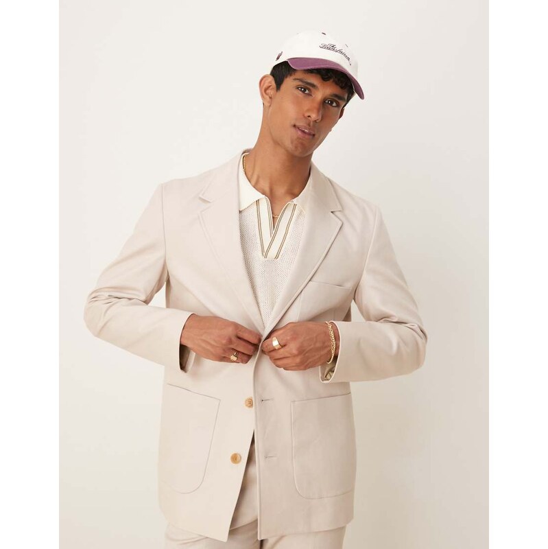 ASOS DESIGN cotton linen regular blend suit jacket in stone twill-Neutral
