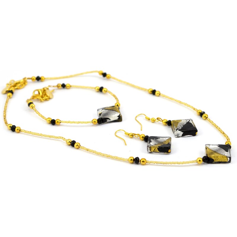 Sada náhrdelník, náramek, náušnice skleněné korále- černá, zlatá, stříbrná - Murano