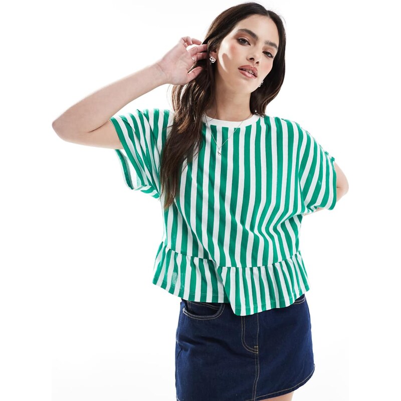 ASOS DESIGN boxy short sleeve linen look peplum t-shirt in stripe-Multi
