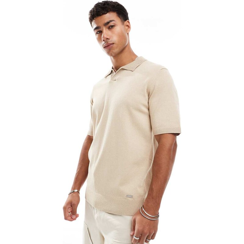 Threadbare cotton rich polo top in beige-Neutral