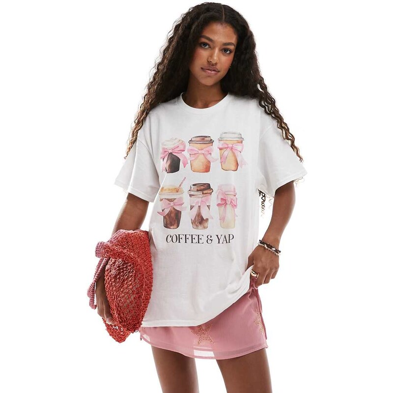 Miss Selfridge coffee and yap graphic oversized tee in white