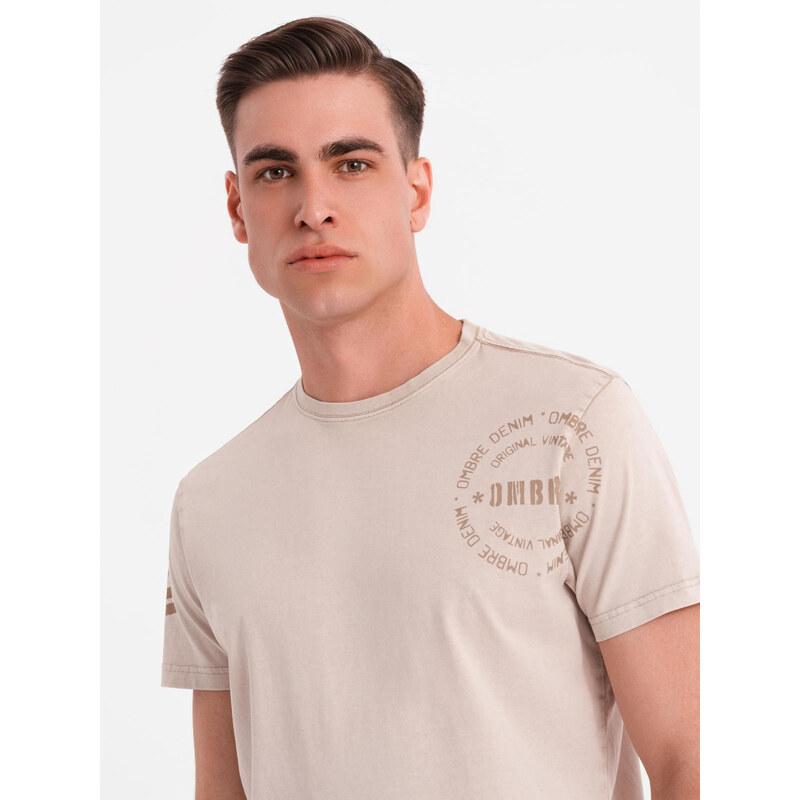 Ombre Mens military style printed cotton t-shirt - beige